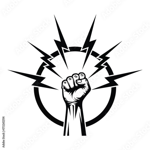 Powerful fist symbol raising energy and strength with lightning bolts and circle symbolizing unity silhouette