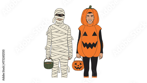 Halloween Duo: Capturing the essence of Halloween, a mummy and pumpkin costume personified a delightful trick-or-treat adventure, filled with playful energy and seasonal charm.