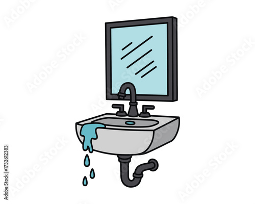 Cartoon illustration of a leaky bathroom sink with a mirror above