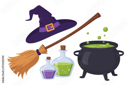 Witchcraft items including hat broom cauldron and potions for halloween