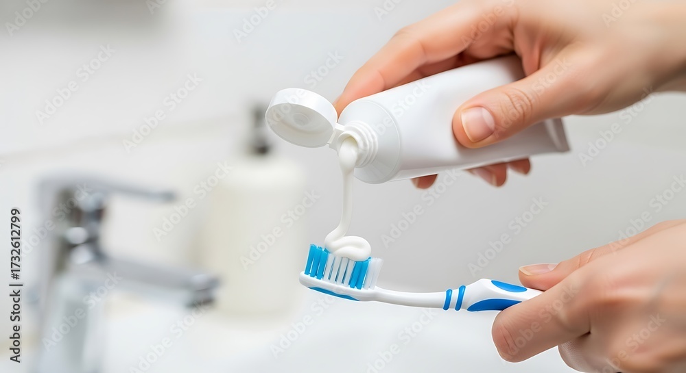 Fototapeta premium Toothpaste Swirl: Hands Applying Paste to Blue Toothbrush in Bright Bathroom Setting