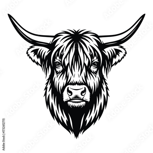 Majestic highland cattle head graphic design rugged scottish bull symbol artistic rendering silhouette
