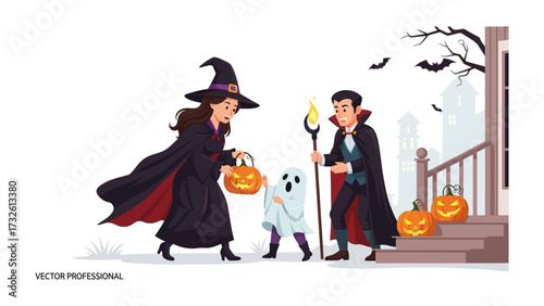 Spooky Halloween Night: A witch, a vampire, and a ghost prepare for their Halloween adventure, decorated pumpkin lanterns and dark, ominous background, evoke a fun-filled festive spirit.