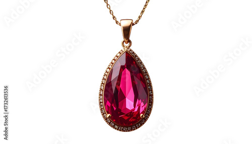 Elegant teardrop ruby pendant on gold chain, dazzling sparkle