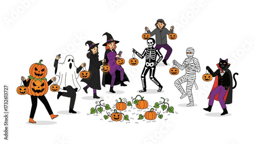 Halloween Festivities: A lively gathering of costumed individuals embraces the festive spirit, each adorned with a jack-o'-lantern, creating a vibrant scene of autumnal fun.
