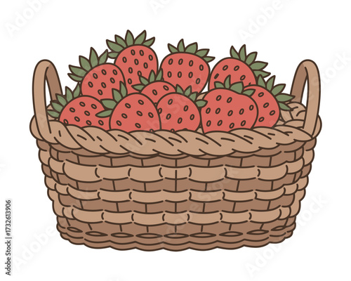 Woven basket overflowing with ripe red strawberries and green leaves