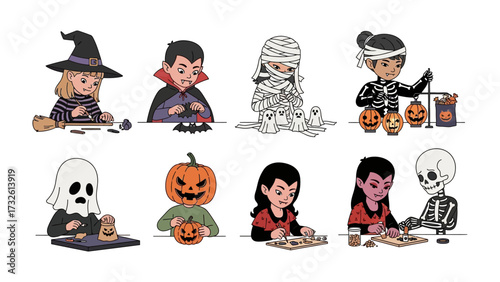 Halloween Costume Characters: An artistic collection of adorable cartoon characters, each dressed in unique Halloween costumes and engaged in activities, set against an unseen background.
