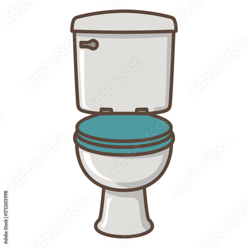 Cartoon illustration of a white toilet with a blue seat