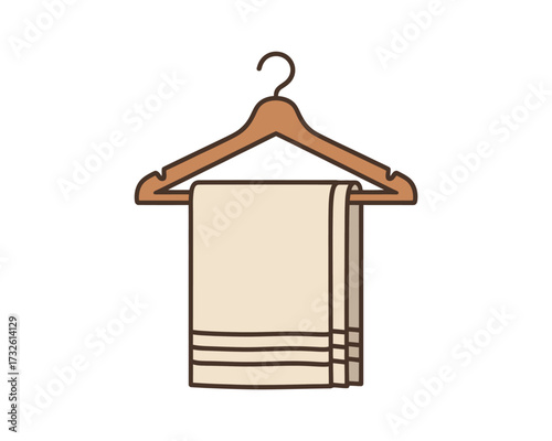 Simple illustration of a beige towel hanging on a wooden clothes hanger
