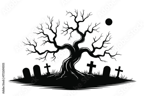 Spooky silhouette of a gnarled dead tree in a graveyard under the moon
