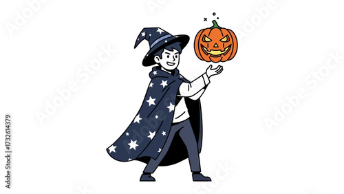 Halloween wizard: a child in a wizard costume performing magic with a carved pumpkin lantern, creating a mystical and spirited holiday scene.