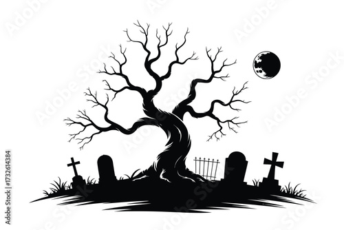 Spooky silhouette of a dead tree and gravestones under a full moon