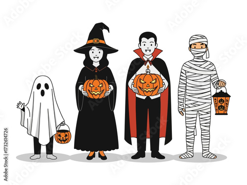 Spooky Halloween Characters: A delightful illustration of classic Halloween figures, each in their iconic costume, offering a charming and playful take on the holiday.