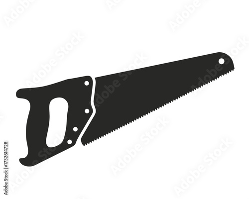 Black silhouette of a hand saw with a wooden handle on a white background