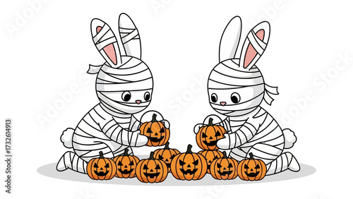 Halloween Rabbits: Two adorable rabbits, dressed as mummies, are surrounded by a collection of carved jack-o'-lanterns, ready for a night of trick-or-treating.