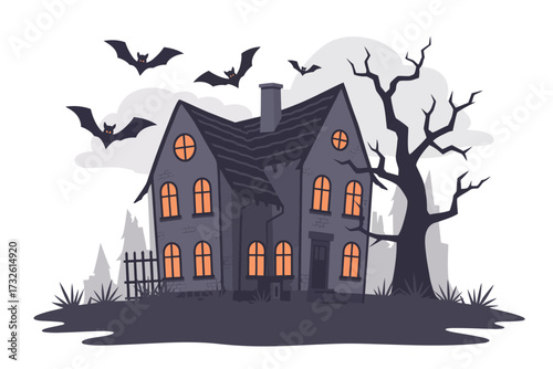 Spooky haunted house with bats and bare tree on halloween night