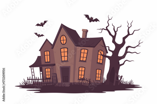 Spooky haunted house with bats and bare tree on halloween night