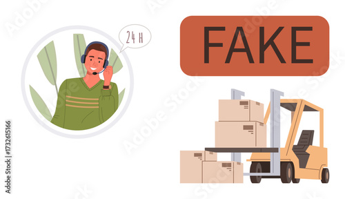 Customer support agent with headset providing assistance, forklift moving boxes marked as fake. Ideal for customer service, e-commerce, product authenticity, quality control, fraud prevention