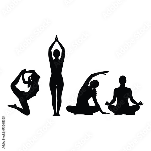 Diverse yoga poses silhouettes demonstrating flexibility strength and balance for wellness silhouette