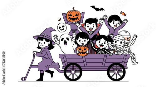 Halloween Wagon Adventure: A delightful illustration of a group of children in Halloween costumes joyfully riding a charming wagon.