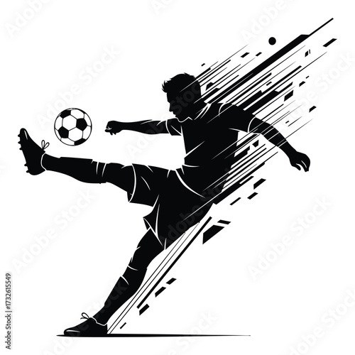 Dynamic silhouette of a soccer player kicking the ball with abstract splash effect art silhouette