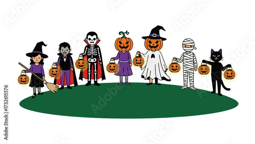 Spooky Halloween Gathering: A cartoonish depiction of diverse Halloween characters holding carved jack-o'-lanterns, evoking a festive atmosphere of frightful fun, trick-or-treating and playful terror.