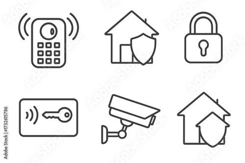 Home security line icon set. Vector symbols for safety and smart home systems. Includes alarm, CCTV camera, padlock, key card, and house with shield protection concept icons.