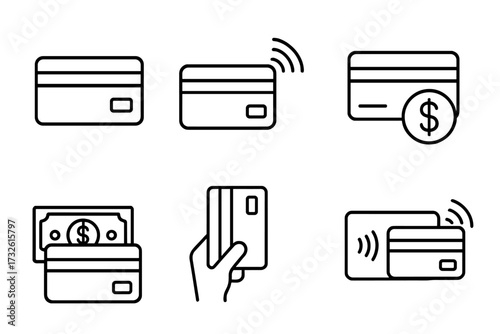 Credit card icon set. Vector line art symbols for payment, finance, and banking. Includes contactless NFC, transaction, and money concepts for business and online shopping design.