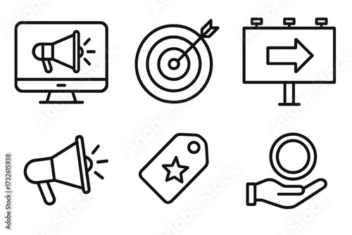 Advertising and marketing web icons in line style. Concept collection for digital promotion, targeted ads, billboard, brand tag, announcement, and sales investment. Vector set.