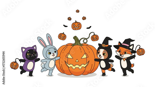 Happy Halloween Animals Costume: A whimsical Halloween scene featuring four adorable animals in creative costumes gathered around a carved pumpkin, capturing the festive spirit.