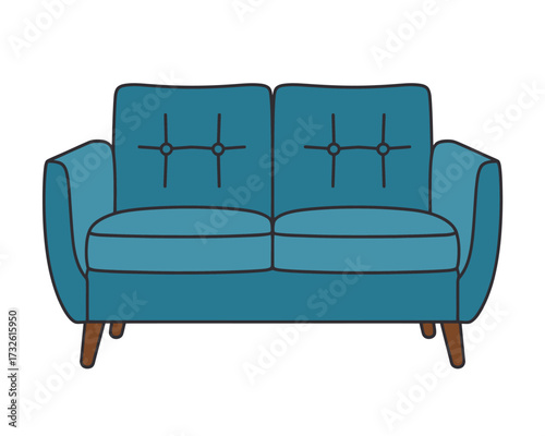 Retro teal loveseat sofa with tufted cushions and wooden legs