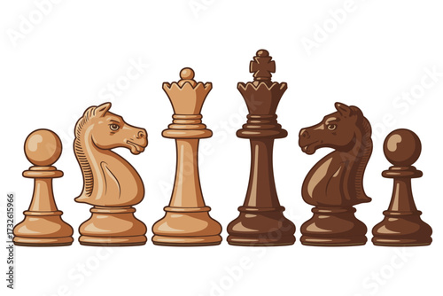 A row of chess pieces including pawns knights queen and king