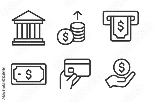 Finance line icon set. Banking symbols collection. Vector illustration of money, payment, income, atm, credit card, bank, cash, currency, investment, savings. Thin line style.