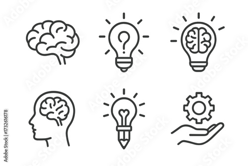 Brainstorming and creativity icon set. Line art symbols for innovation, ideas, and smart solutions. Vector collection of brain, lightbulb, head, and skill icons. Mind process.