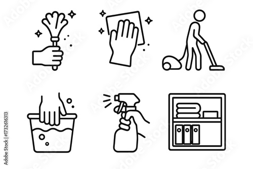 Cleaning line icons set. Housekeeping service and domestic chores concept. Vector symbols for dusting, wiping, vacuuming, washing, organizing, tidying up, and hygiene.