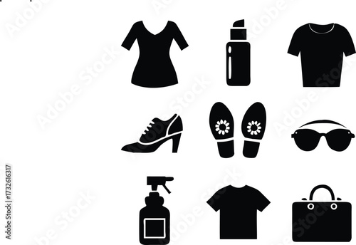 Black silhouette icons of clothing accessories and beauty products arranged on a white background