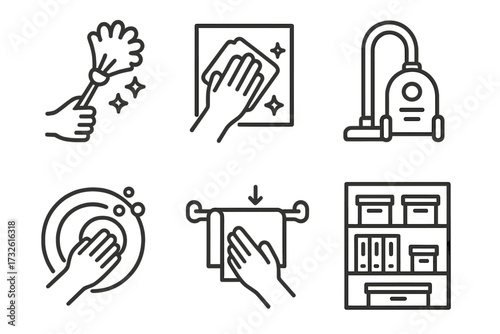 Set of cleaning line icons. Housekeeping chores concept. Dusting, washing, vacuuming, organizing. Disinfection and hygiene. Editable stroke vector pictogram collection.