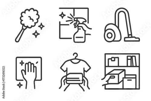 Cleaning line icon set. Housekeeping and chore symbols. Dusting, window washing, vacuuming, wiping, folding clothes, organizing storage. Household duty vector illustration.