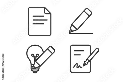 Copywriting web icons in thin line style. Document, creative writing, signature collection. Vector graphic for content creation, storytelling, blogging, editing, and signing contracts.