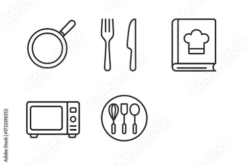 Set of culinary outline icons. Kitchen equipment and cooking tools pictogram collection. Frying pan, fork, knife, recipe book, microwave, utensils. Vector symbols for restaurant menu.