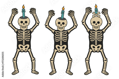 Three skeletons dancing with candles on their heads