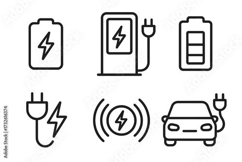 Electric car charging icon set in line style. EV charge station, battery power symbol, socket plug, and wireless charger pictogram collection. Eco friendly transport vector.