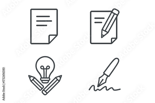 Copywriting line icon set. Writing, editing, creative idea, signature icons. Content creation, document, storytelling, authoring. Vector pictogram for web and mobile UI UX.
