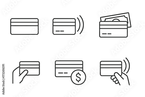 Credit card and payment methods line icon set. Contactless NFC, cash money, and financial transaction symbols. Vector outline illustration for e-commerce and banking.