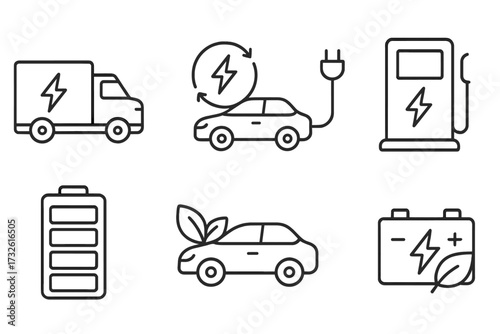 Electric car and eco transport thin line icon set. EV charging station, rechargeable battery, green energy logistic truck vector illustration. Sustainable automobile technology.