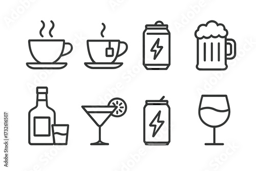 Drinks and beverage icon set in thin line style. Collection of symbols like coffee, tea, beer, wine, cocktail, alcohol, soda and energy drink. Outline pictogram for web.