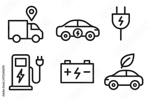 Electric car line icon set. EV collection with charging station, battery, plug and eco transport symbols. Logistics and delivery truck. Vector for green energy and sustainability.