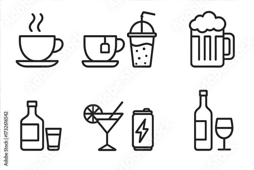 Drink and beverage icon set in thin line style. Collection of simple vector symbols. Coffee, tea, soda, beer, alcohol, cocktail, energy drink, and wine outline pictograms.