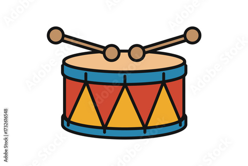 Colorful toy drum with drumsticks isolated on white background