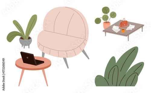 Minimalist seating area featuring pink armchair, laptop on side table, coffee table with decor, and lush potted plants. Ideal for home decor, modern lifestyle, productivity, comfort, relaxation